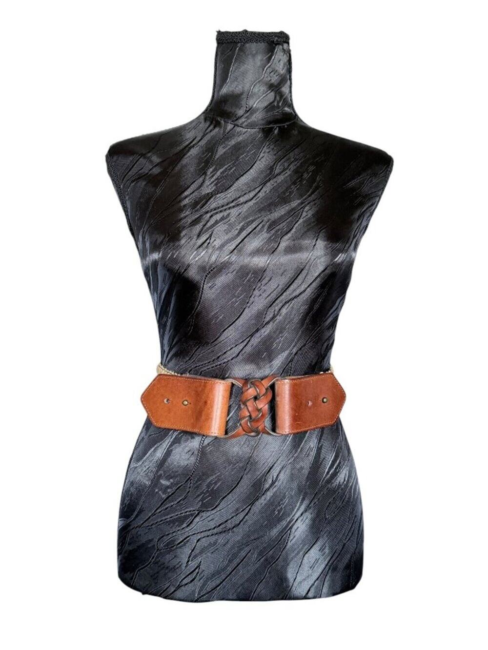Vintage Wide Woven Jute & Genuine Leather Stretch Corset Belt Size Small